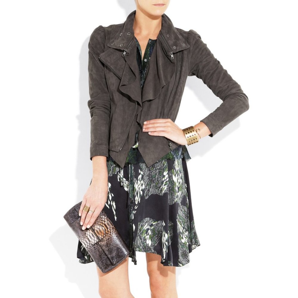 EDUN Lamb Leather Asymmetric Moto Leather Blazer Jacket Nubuck Designer Gray S